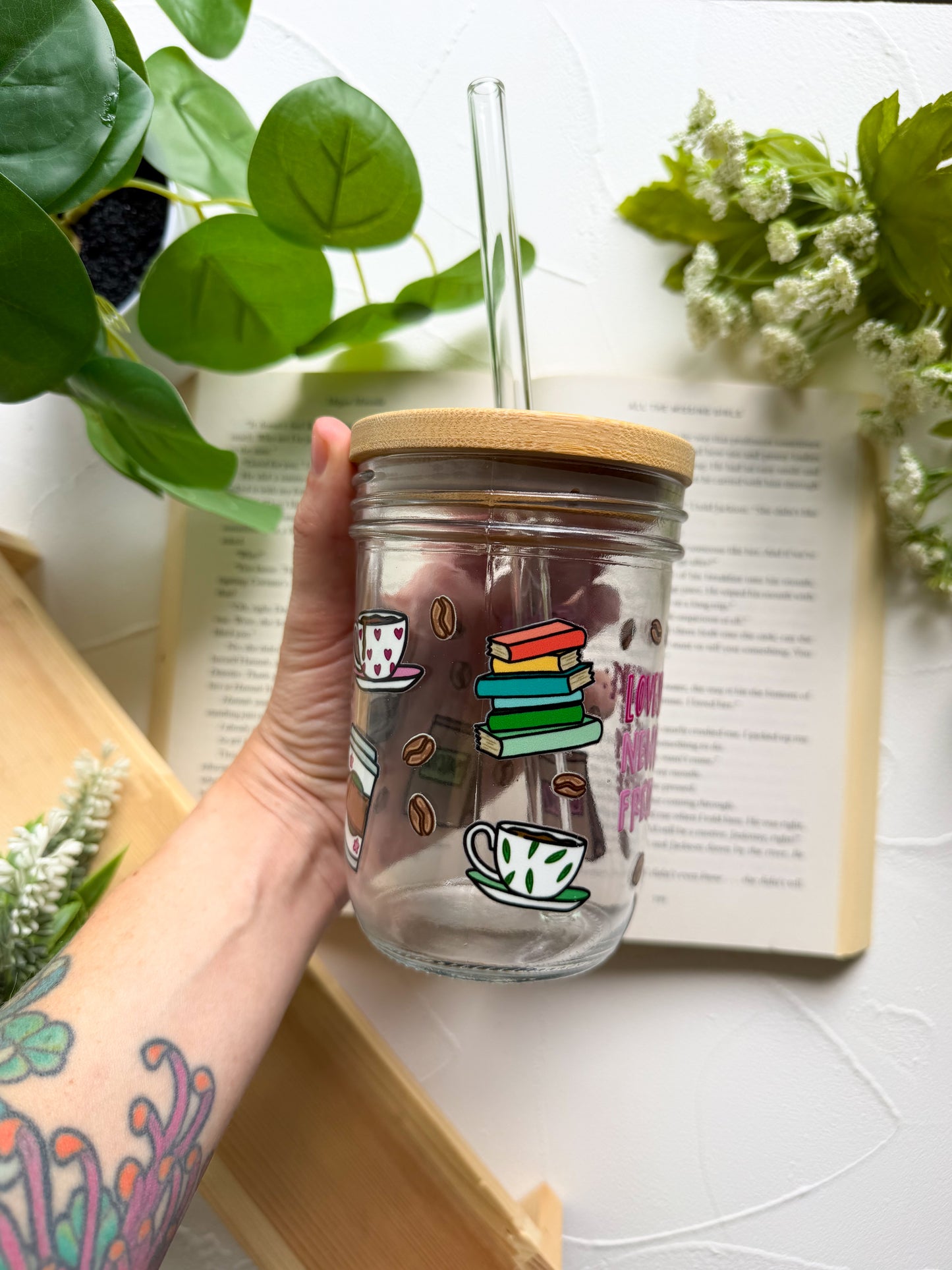 New Books & Fresh Coffee Mason Jar Cup